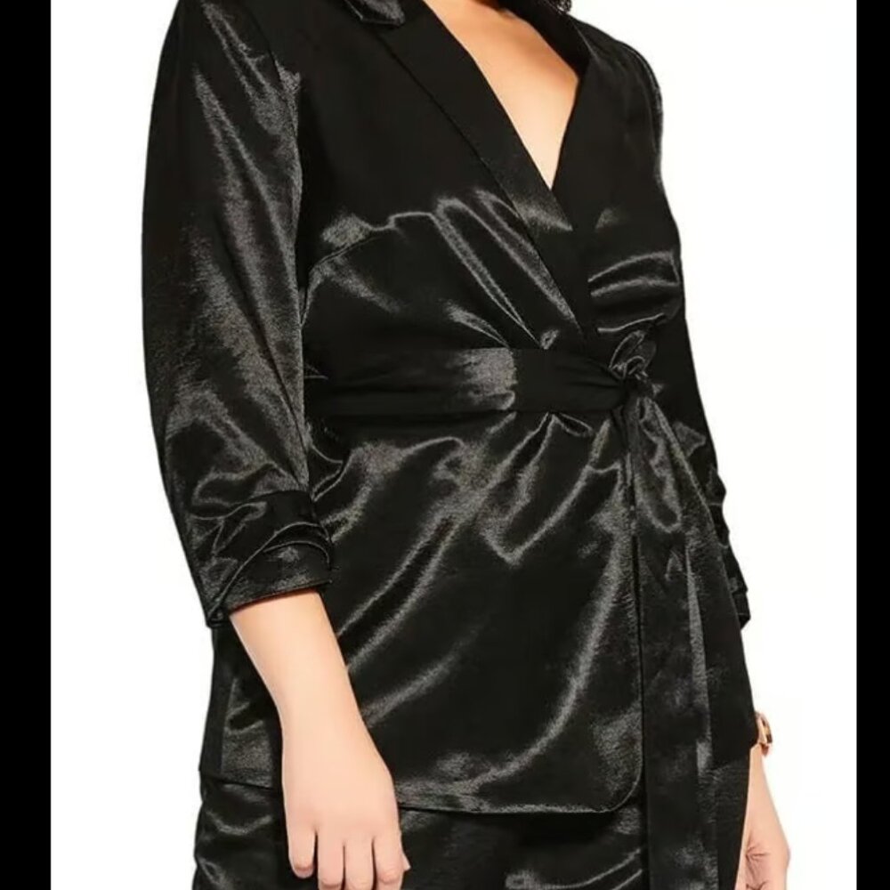 City Chic Wild Escape Black Satin‎ Wrap Blazer Jacket Ruched Sleeve Size L NWT